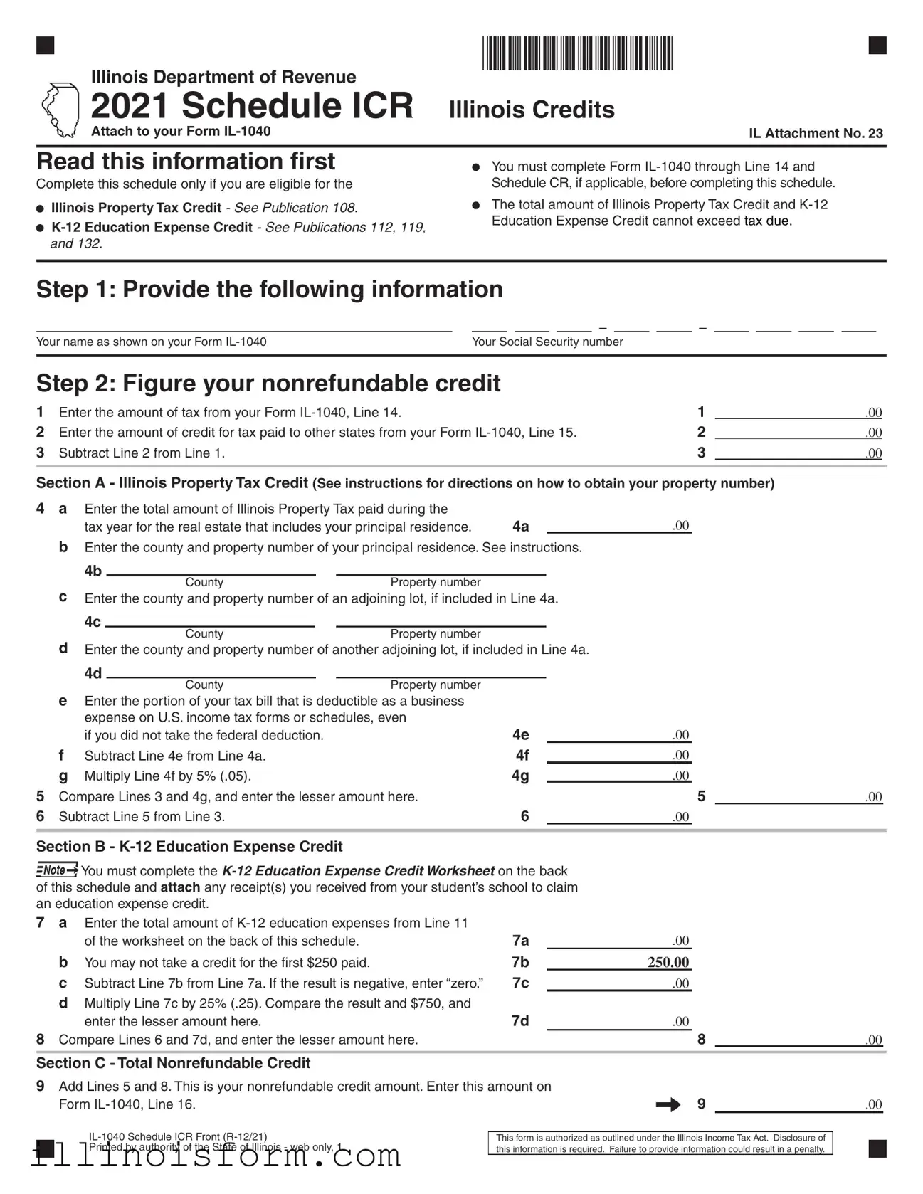 Fill a Valid 2015 Illinois Schedule Icr Template