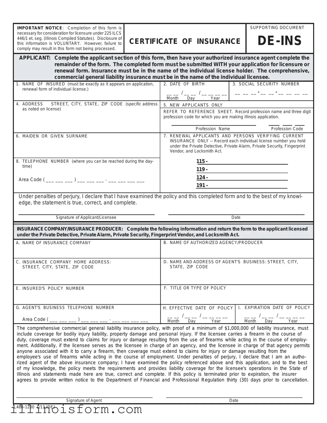 Fill a Valid De Ins Illinois Template