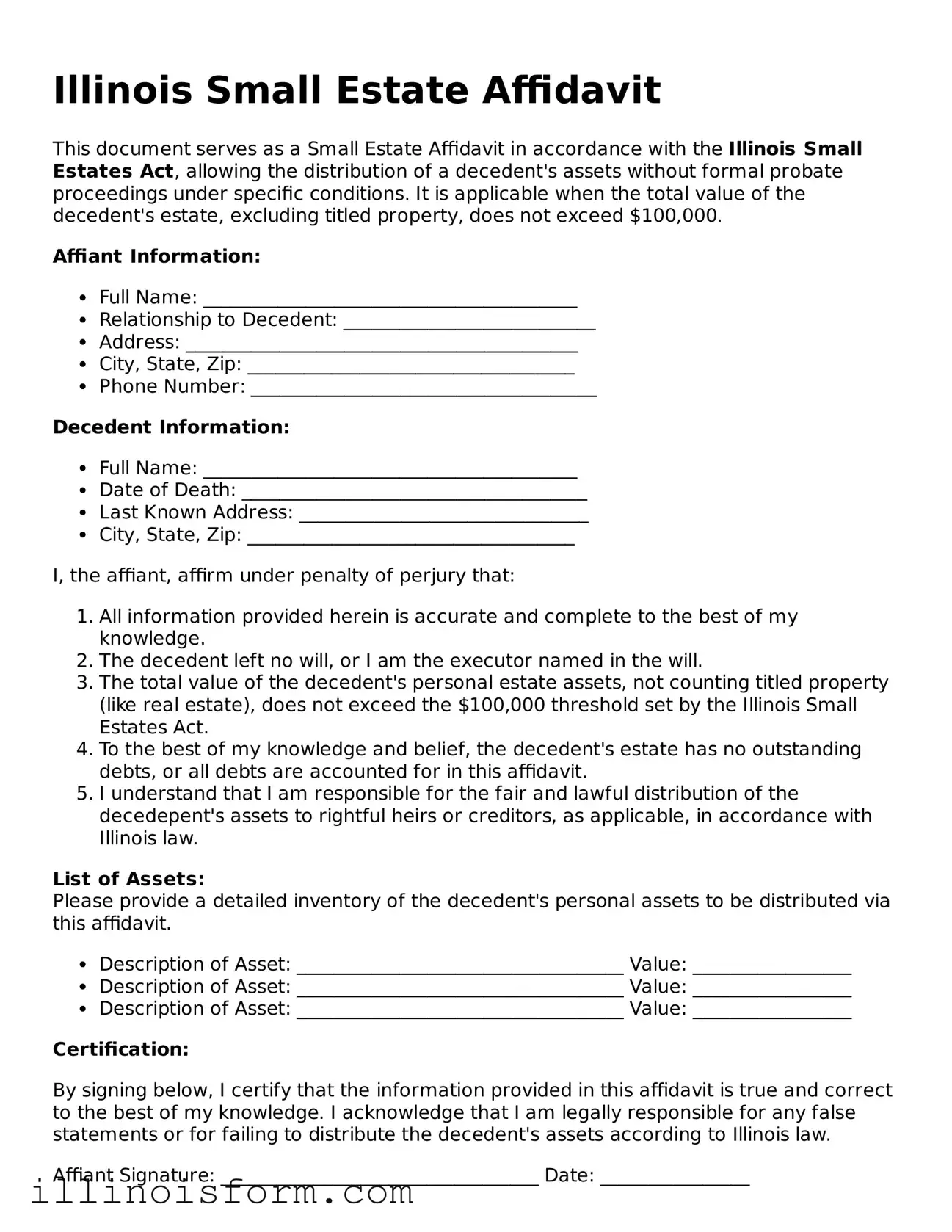 Fillable Illinois Small Estate Affidavit Template