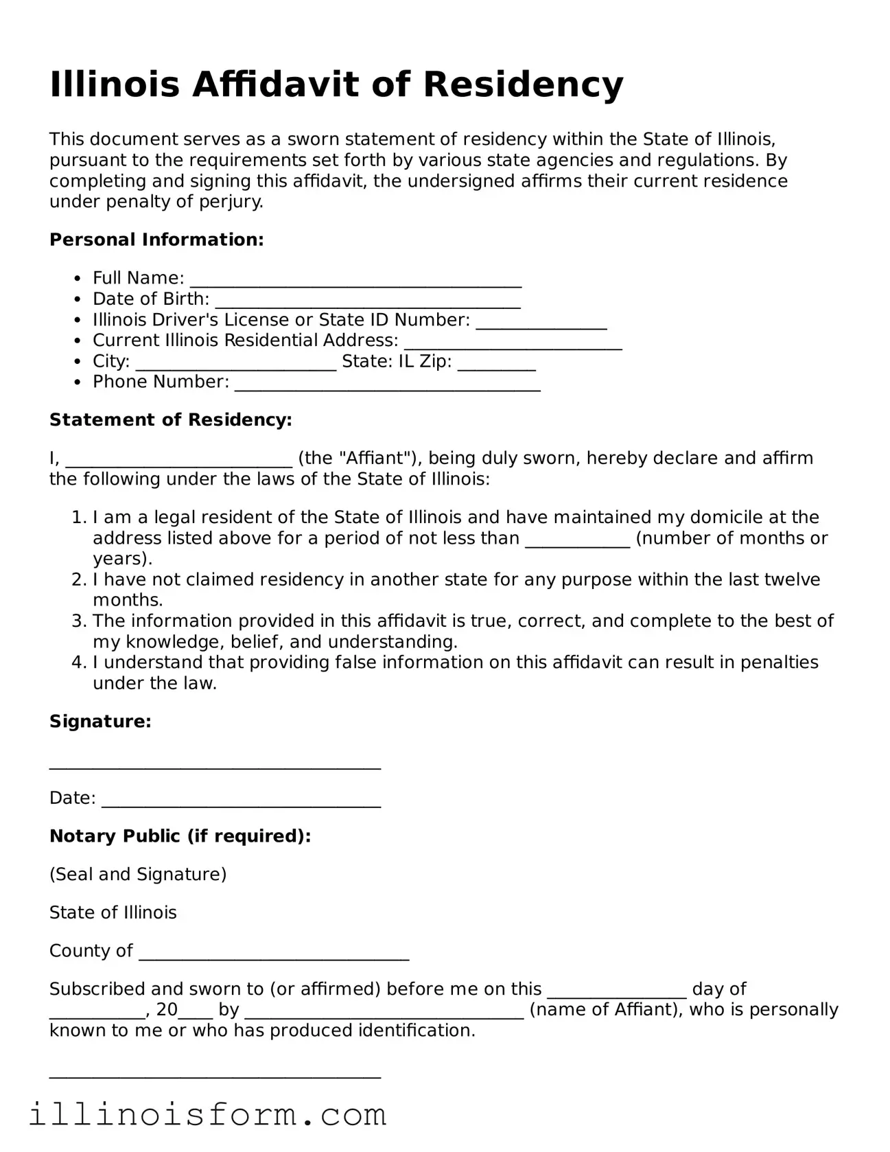 Fillable Illinois Affidavit of Residency Template