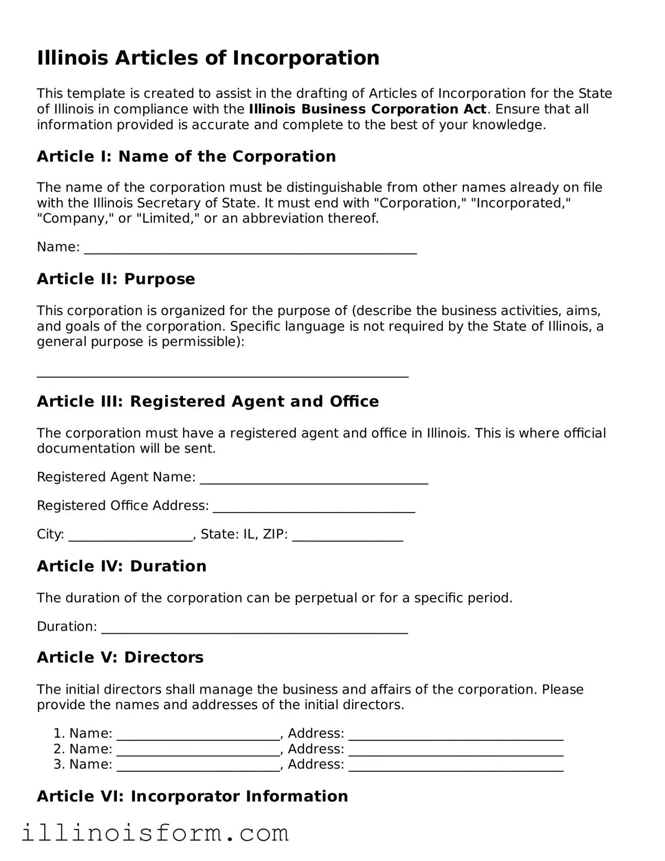 Fillable Illinois Articles of Incorporation Template