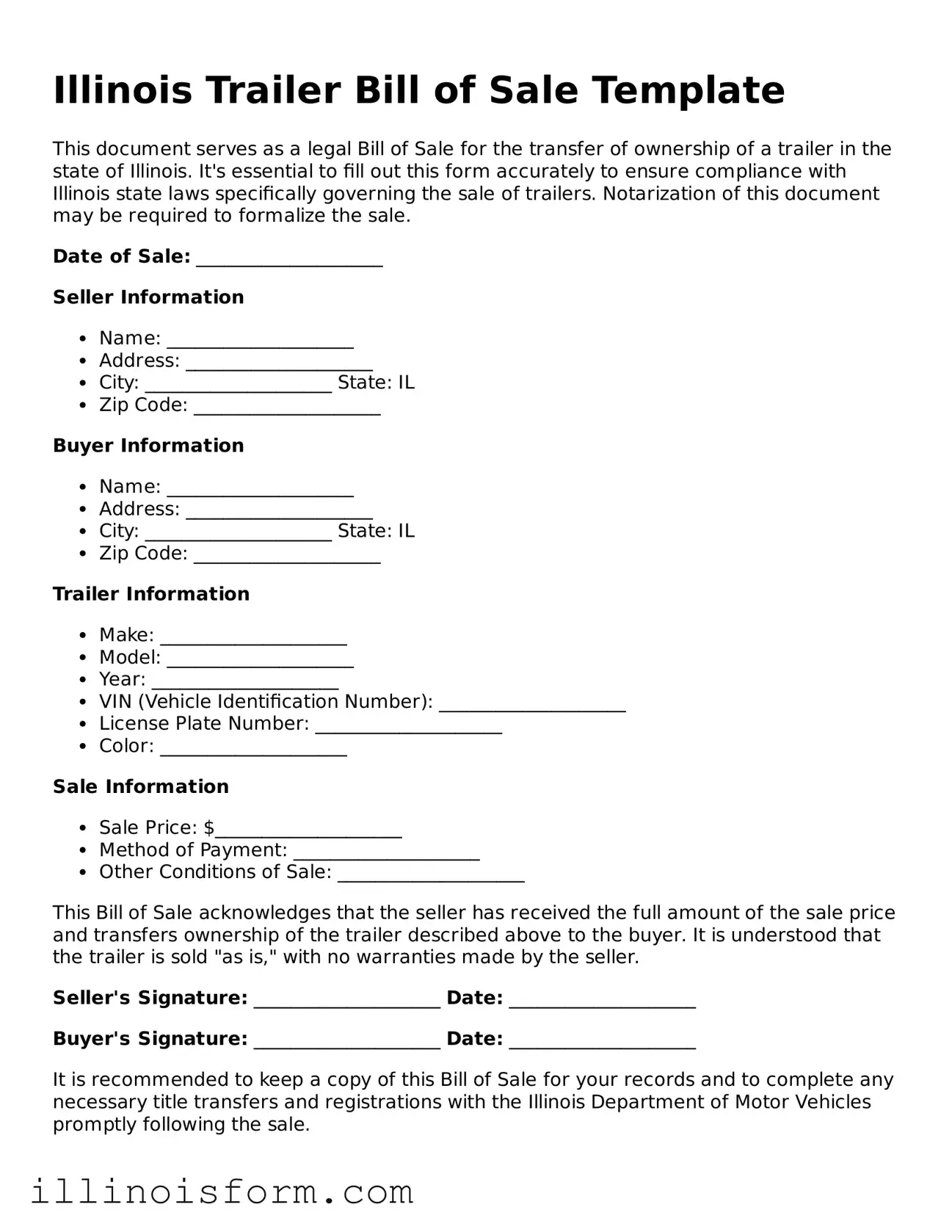 Fillable Illinois Trailer Bill of Sale Template
