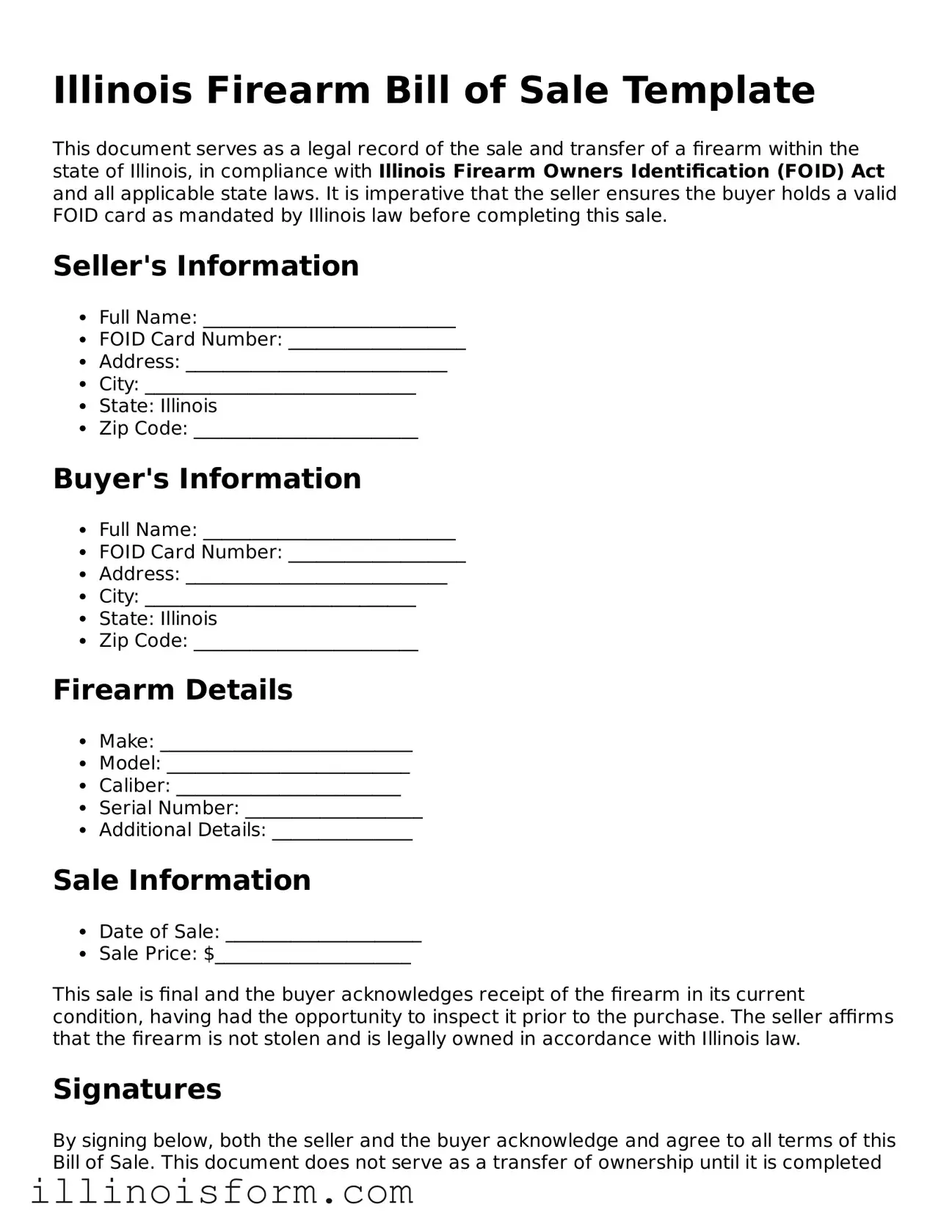 Fillable Illinois Firearm Bill of Sale Template