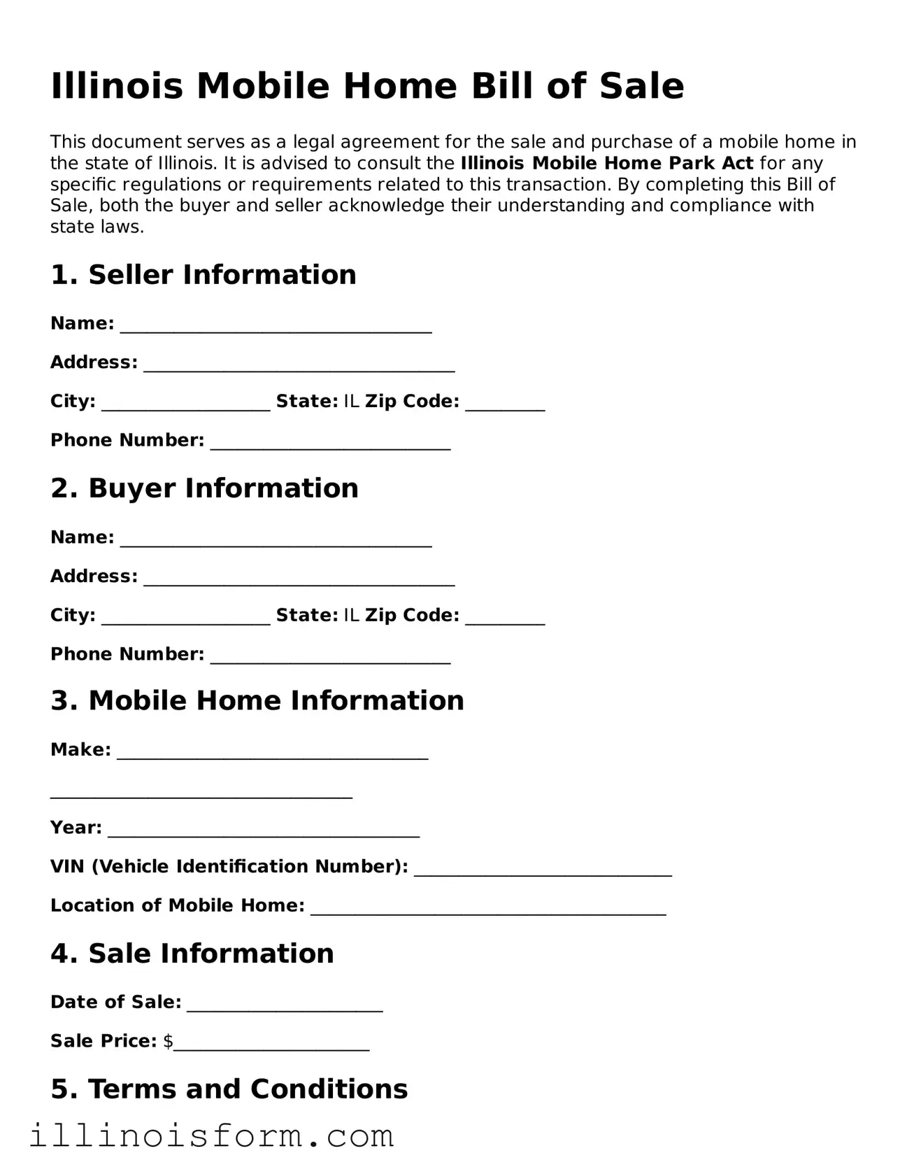 Fillable Illinois Mobile Home Bill of Sale Template