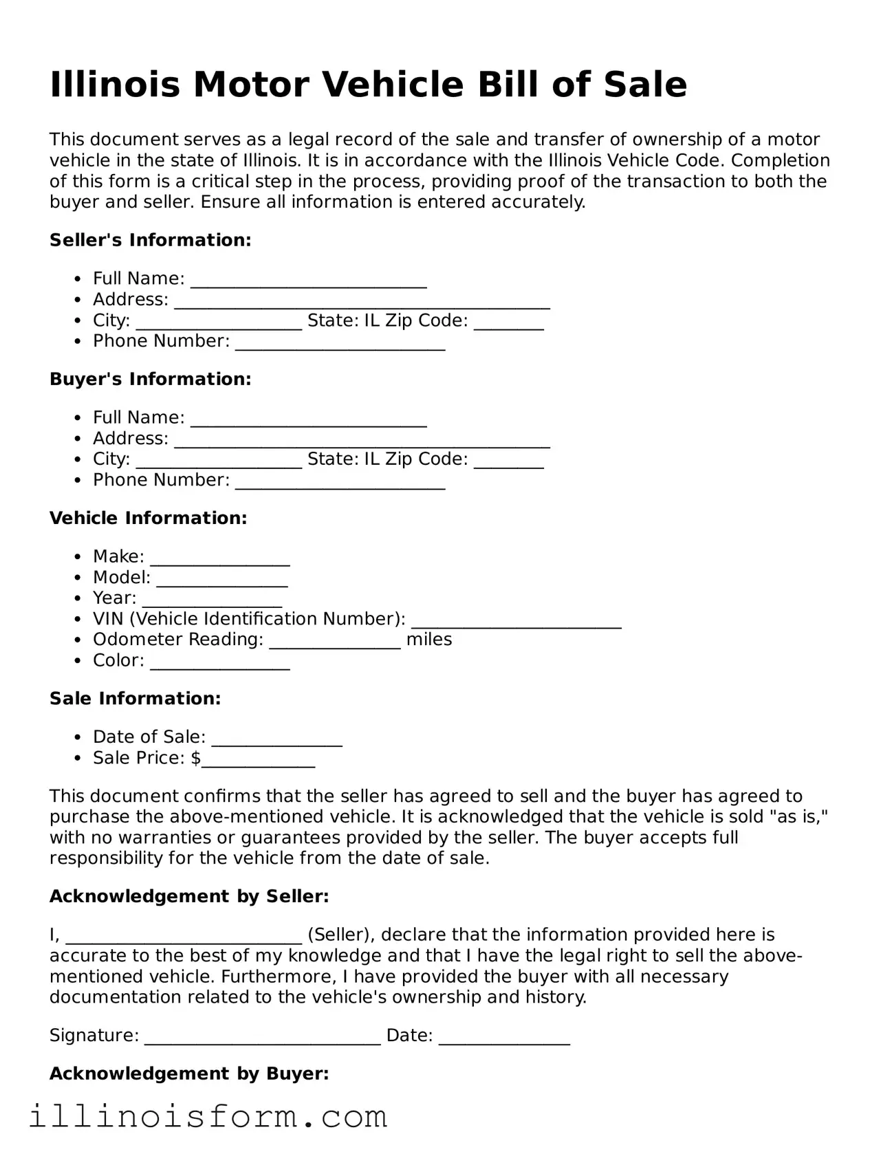 Fillable Illinois Motor Vehicle Bill of Sale Template