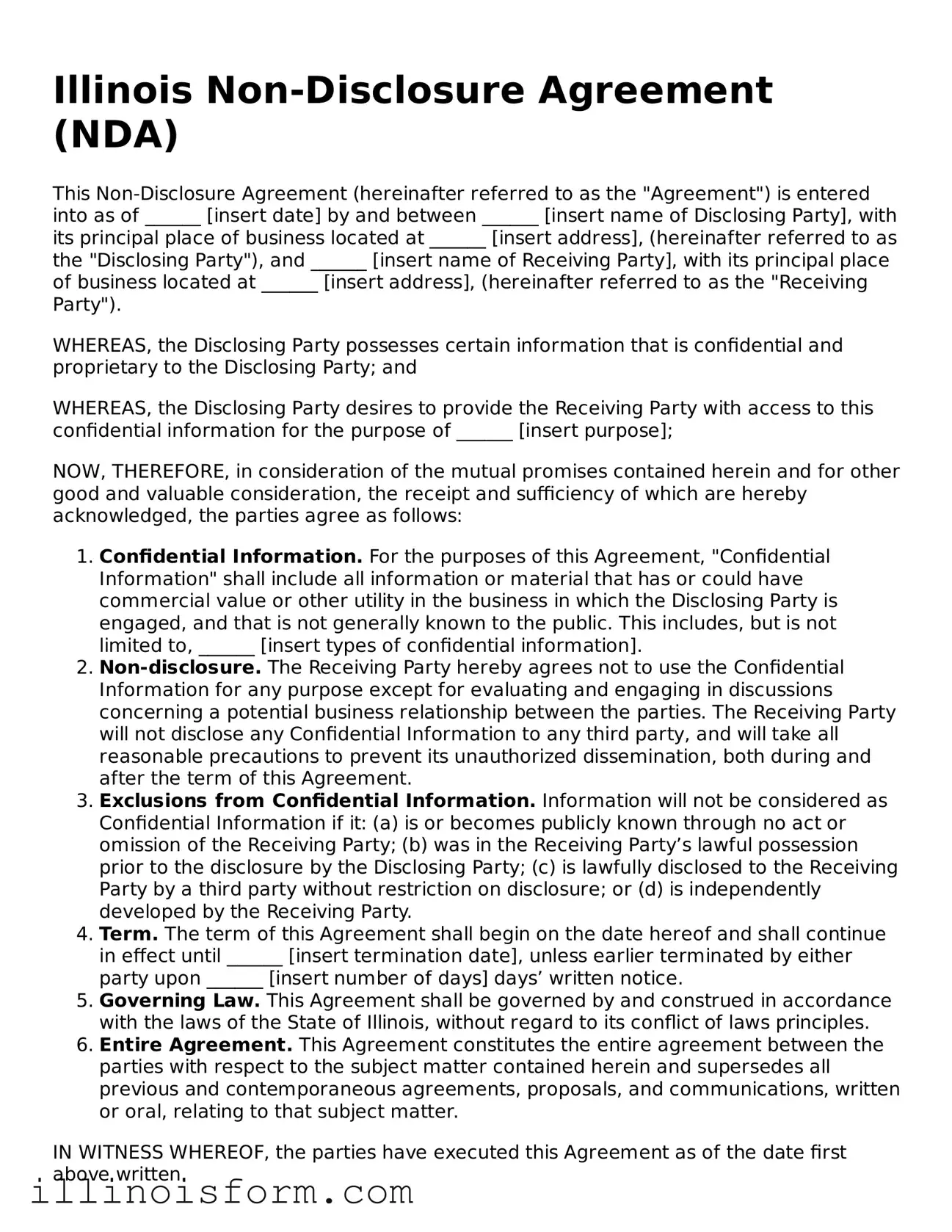 Fillable Illinois Non-disclosure Agreement Template