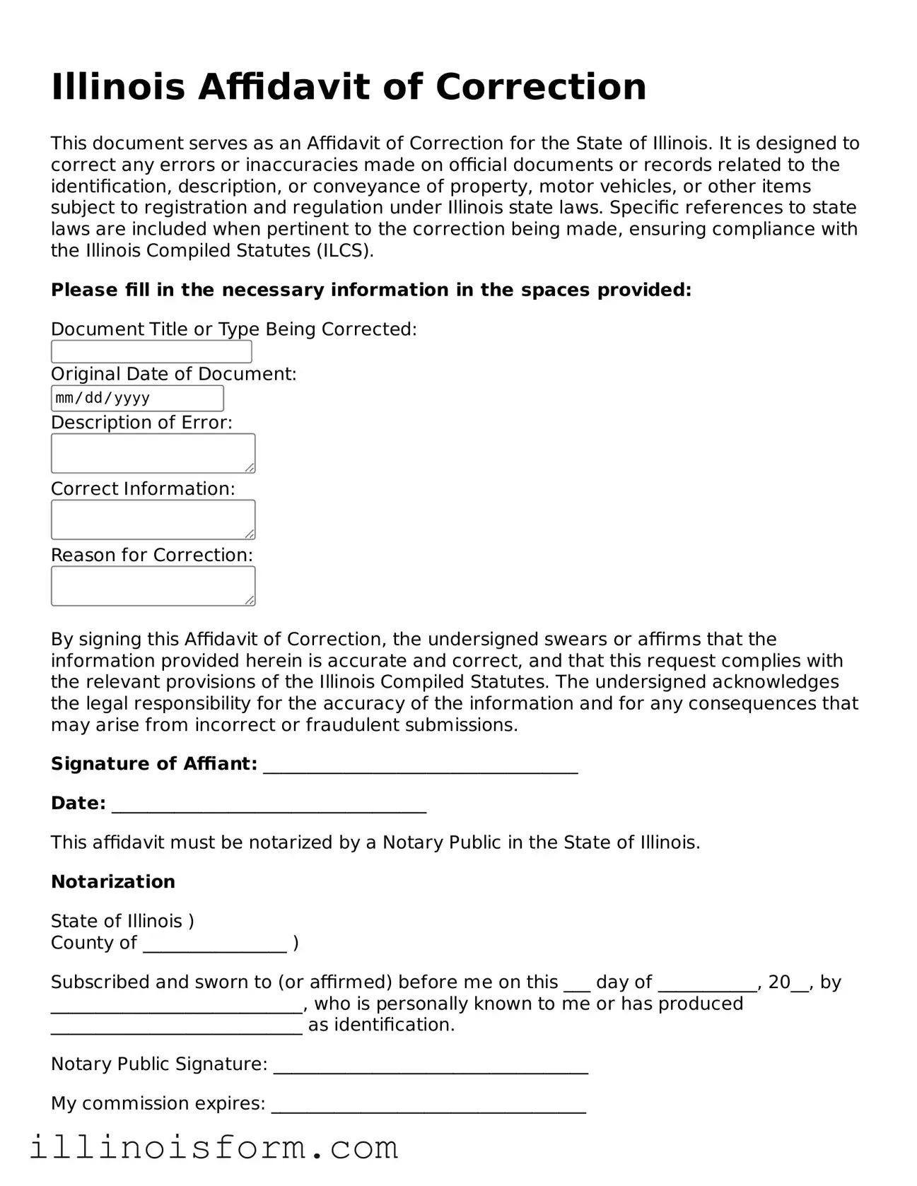 Fillable Illinois Affidavit of Correction Template