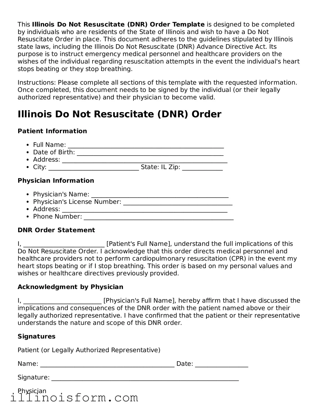 Fillable Illinois Do Not Resuscitate Order Template