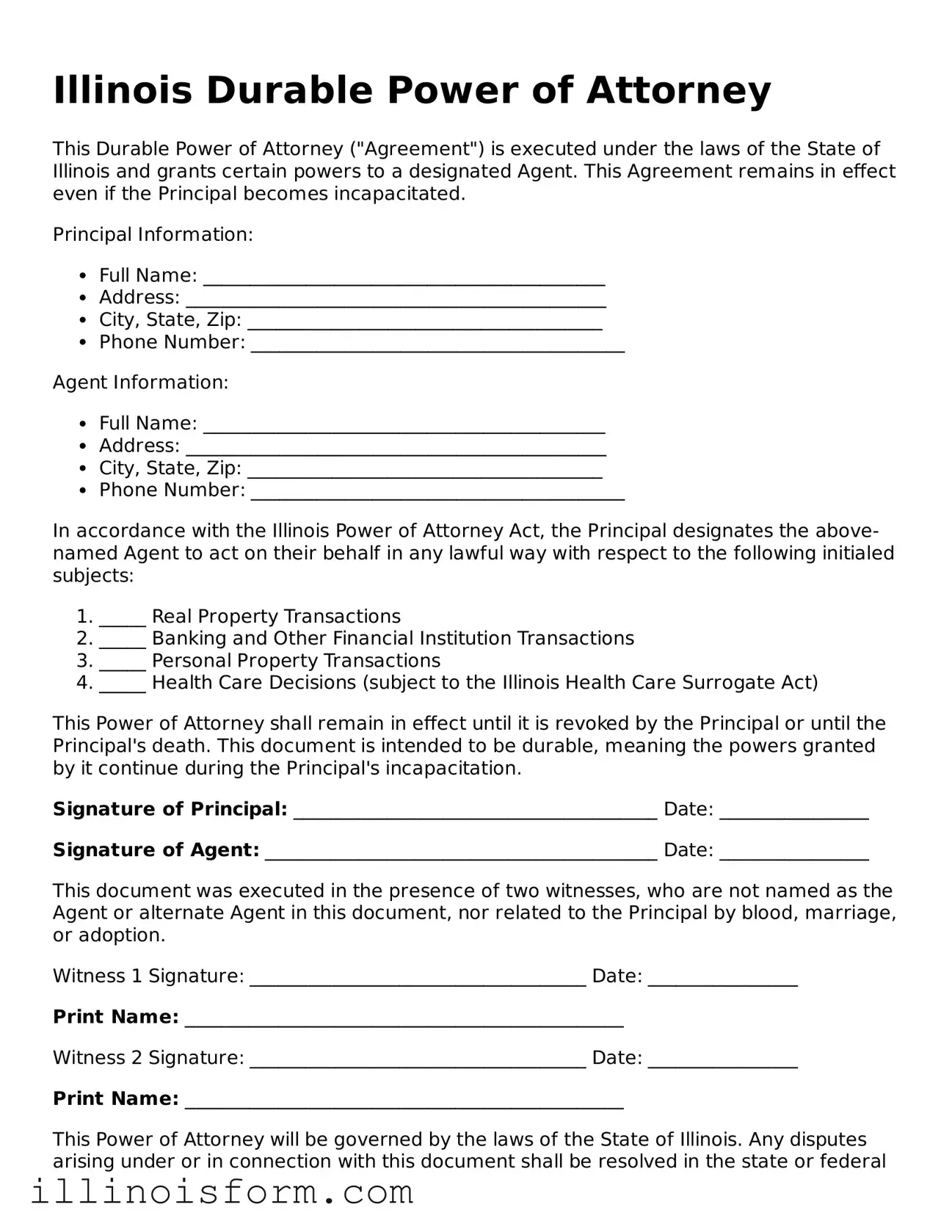 Fillable Illinois Durable Power of Attorney Template