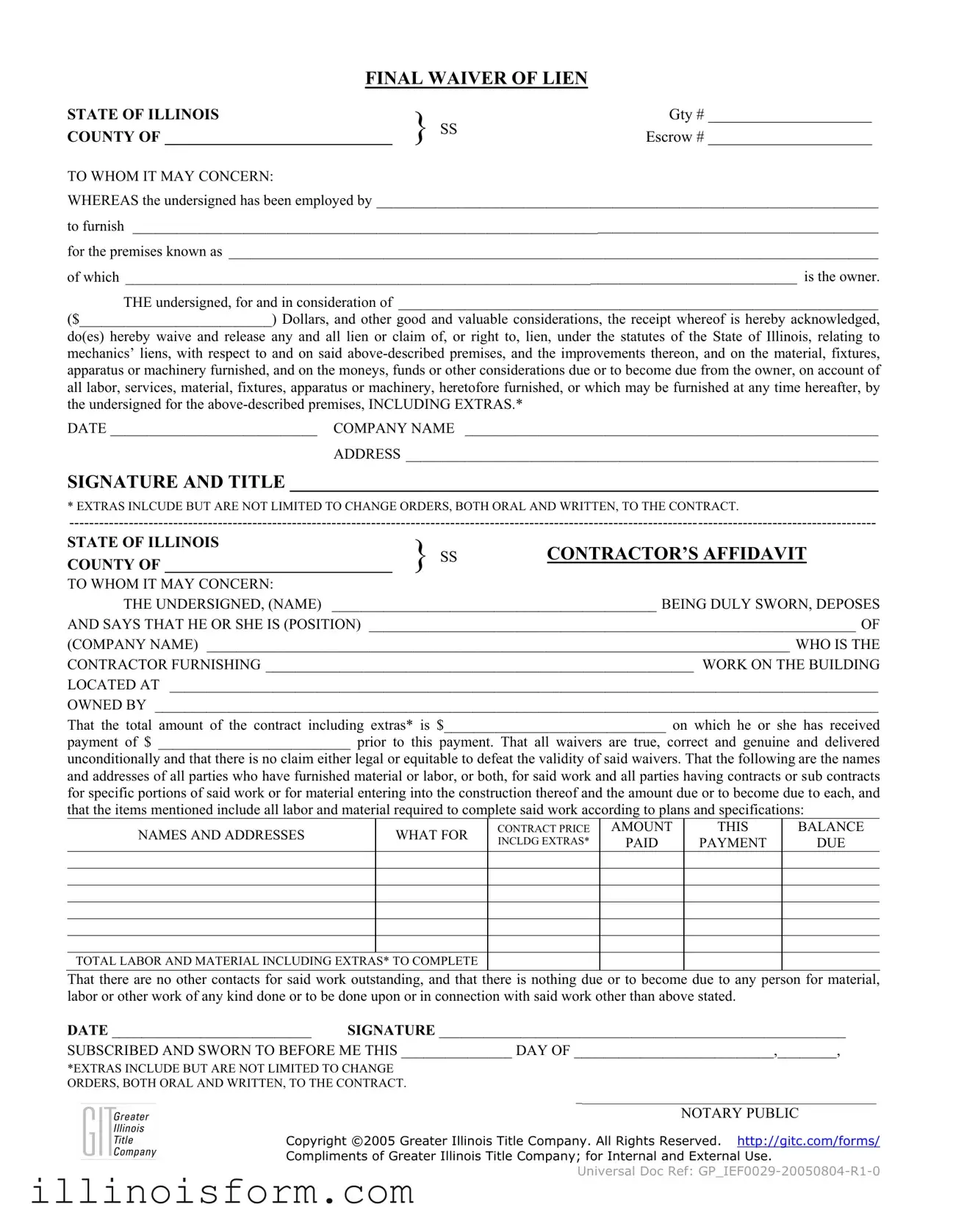 Fill a Valid Illinois Final Waiver Of Lien Template