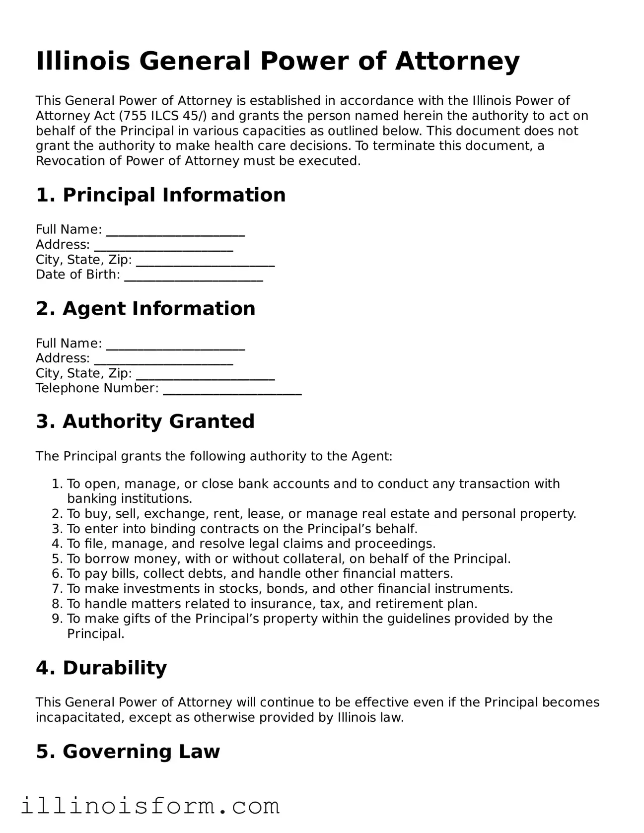 Fillable Illinois General Power of Attorney Template