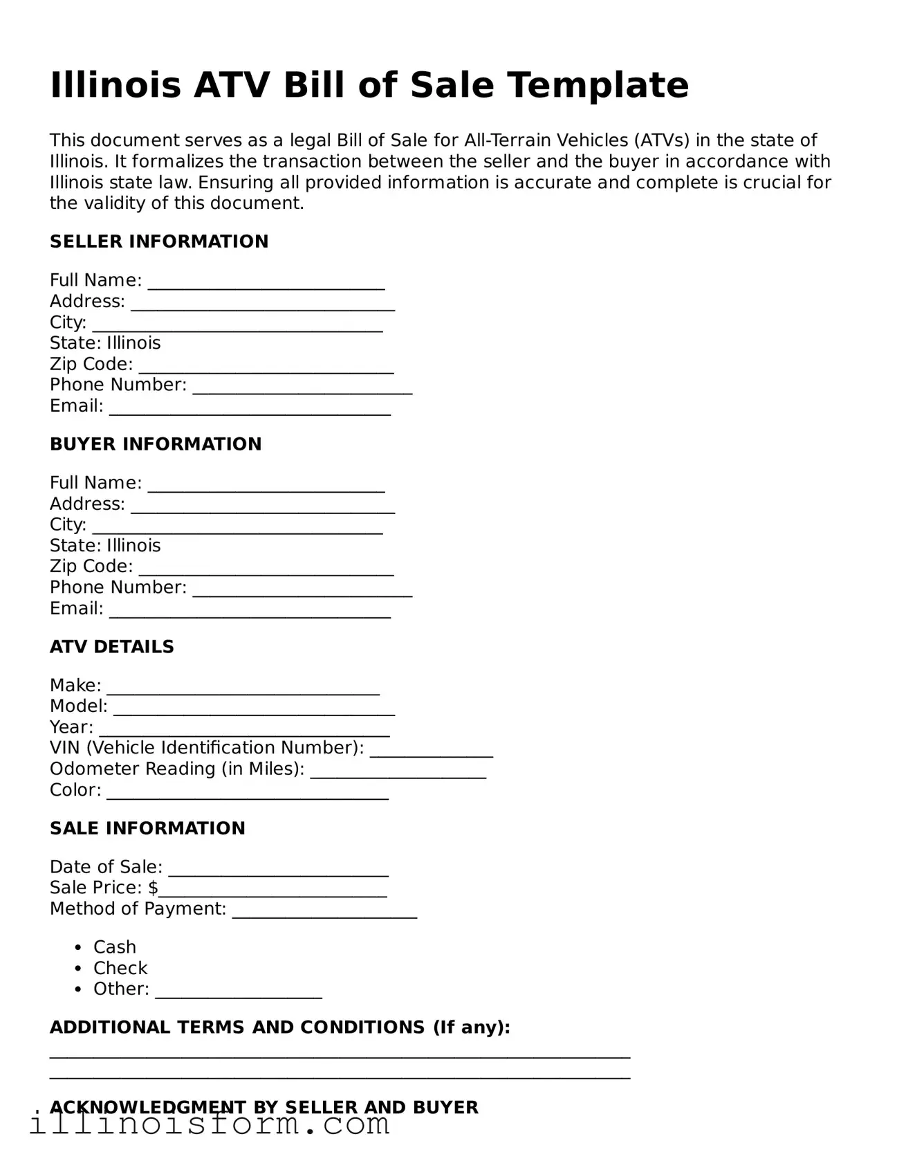 Fillable Illinois ATV Bill of Sale Template