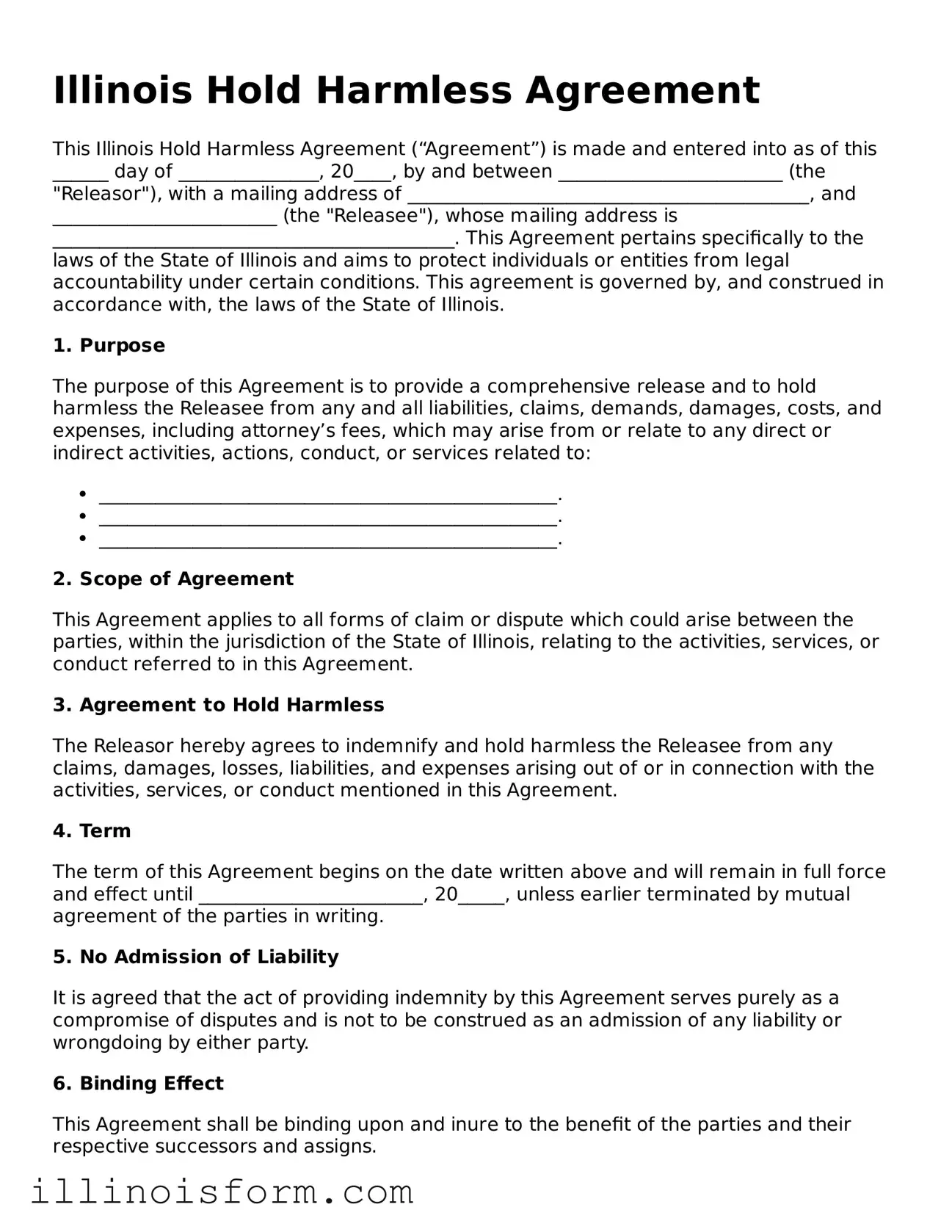 Fillable Illinois Hold Harmless Agreement Template