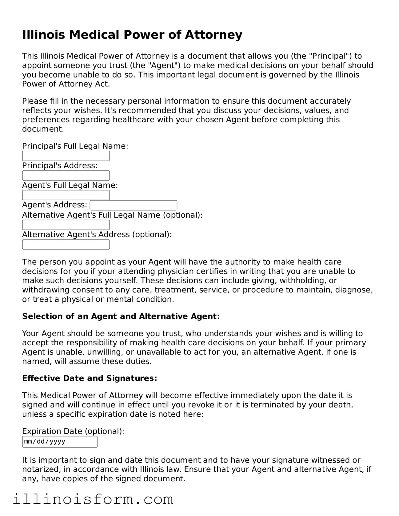 Fillable Illinois Medical Power of Attorney Template