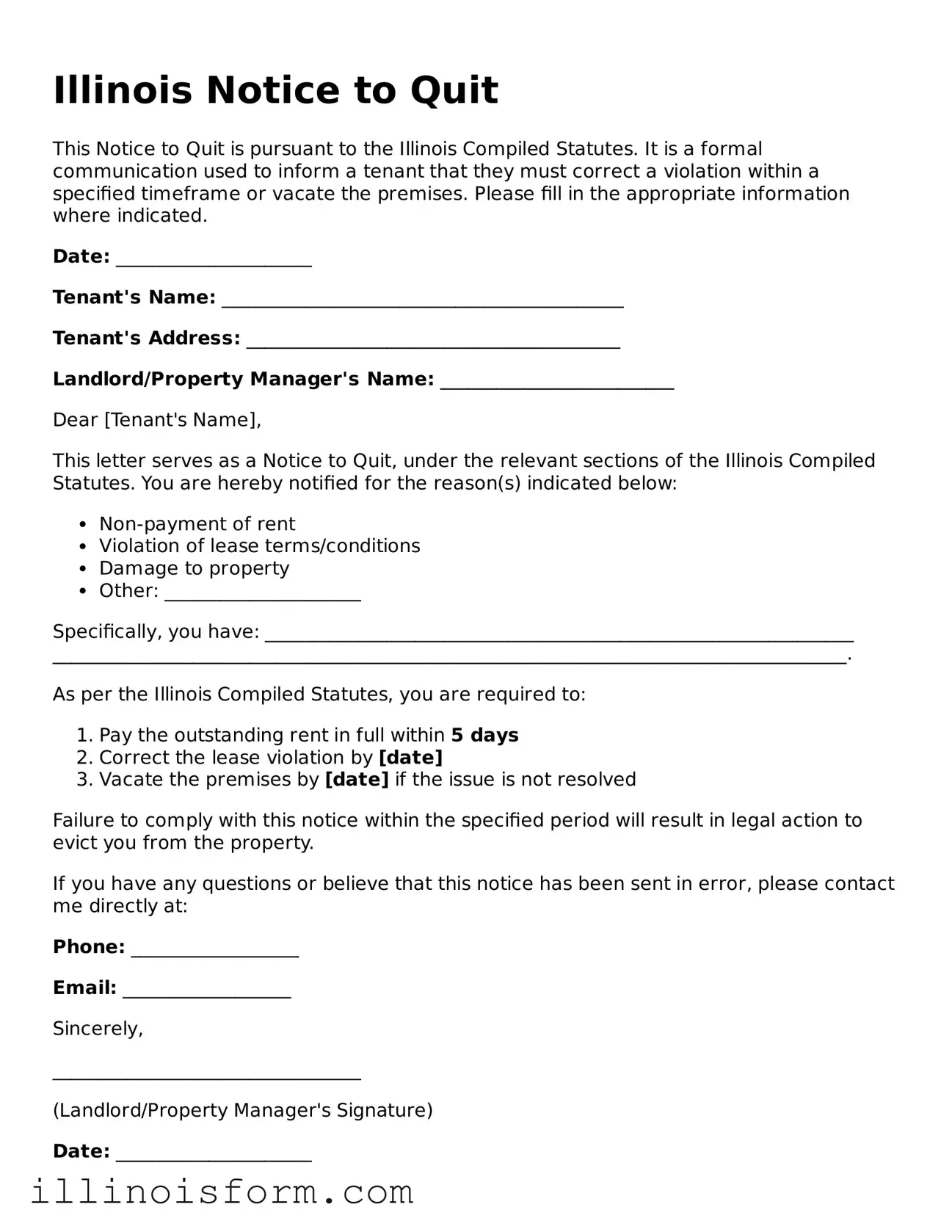 Fillable Illinois Notice to Quit Template