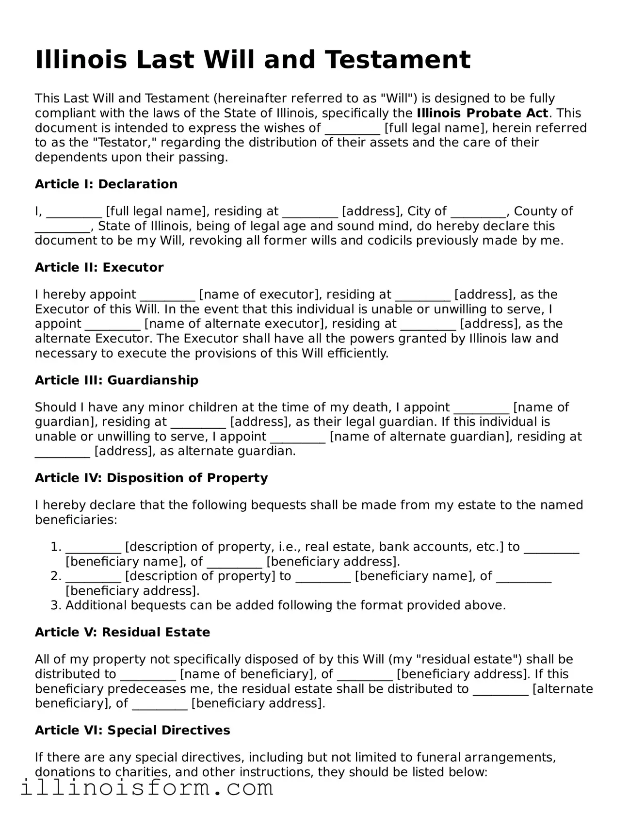 Fillable Illinois Last Will and Testament Template