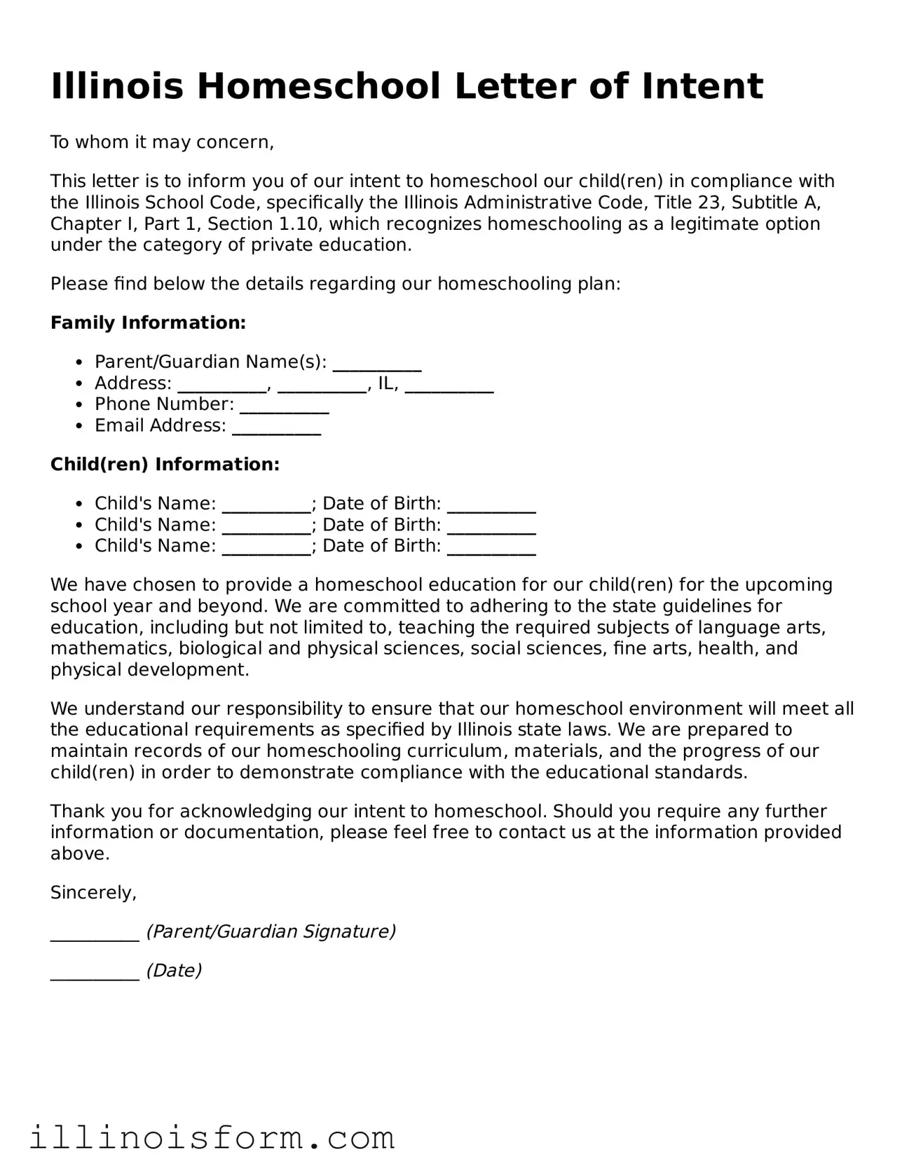Fillable Illinois Homeschool Letter of Intent Template