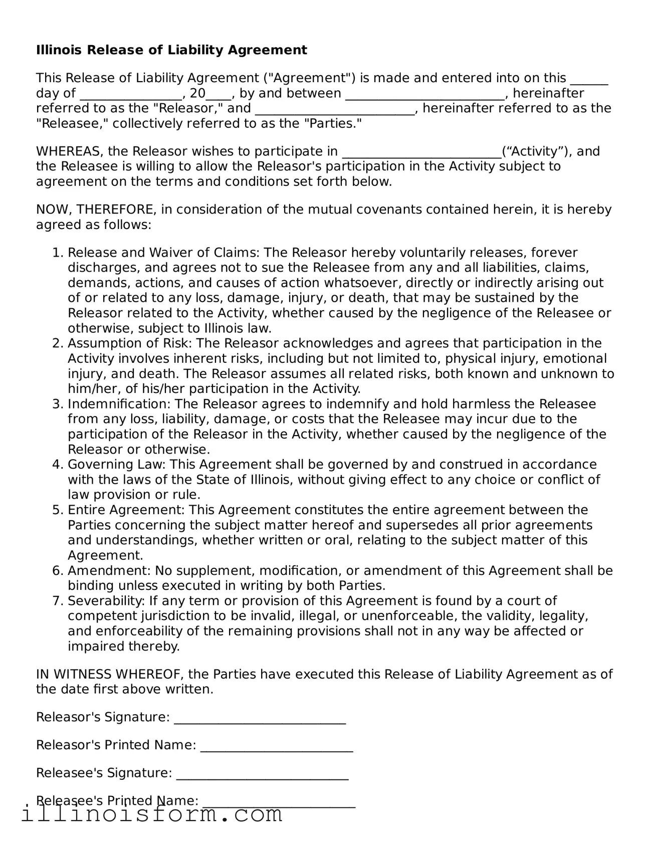 Fillable Illinois Release of Liability Template