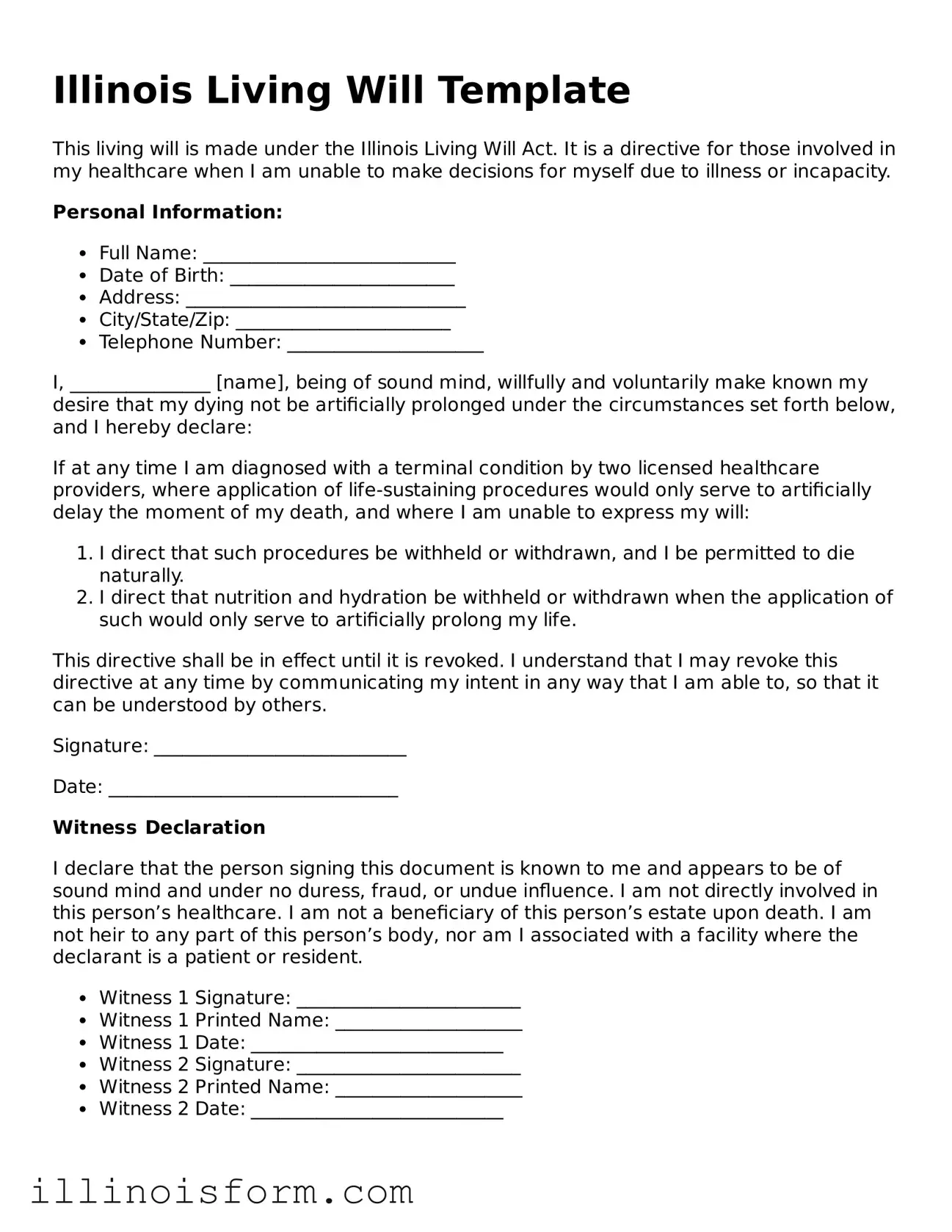 Fillable Illinois Living Will Template