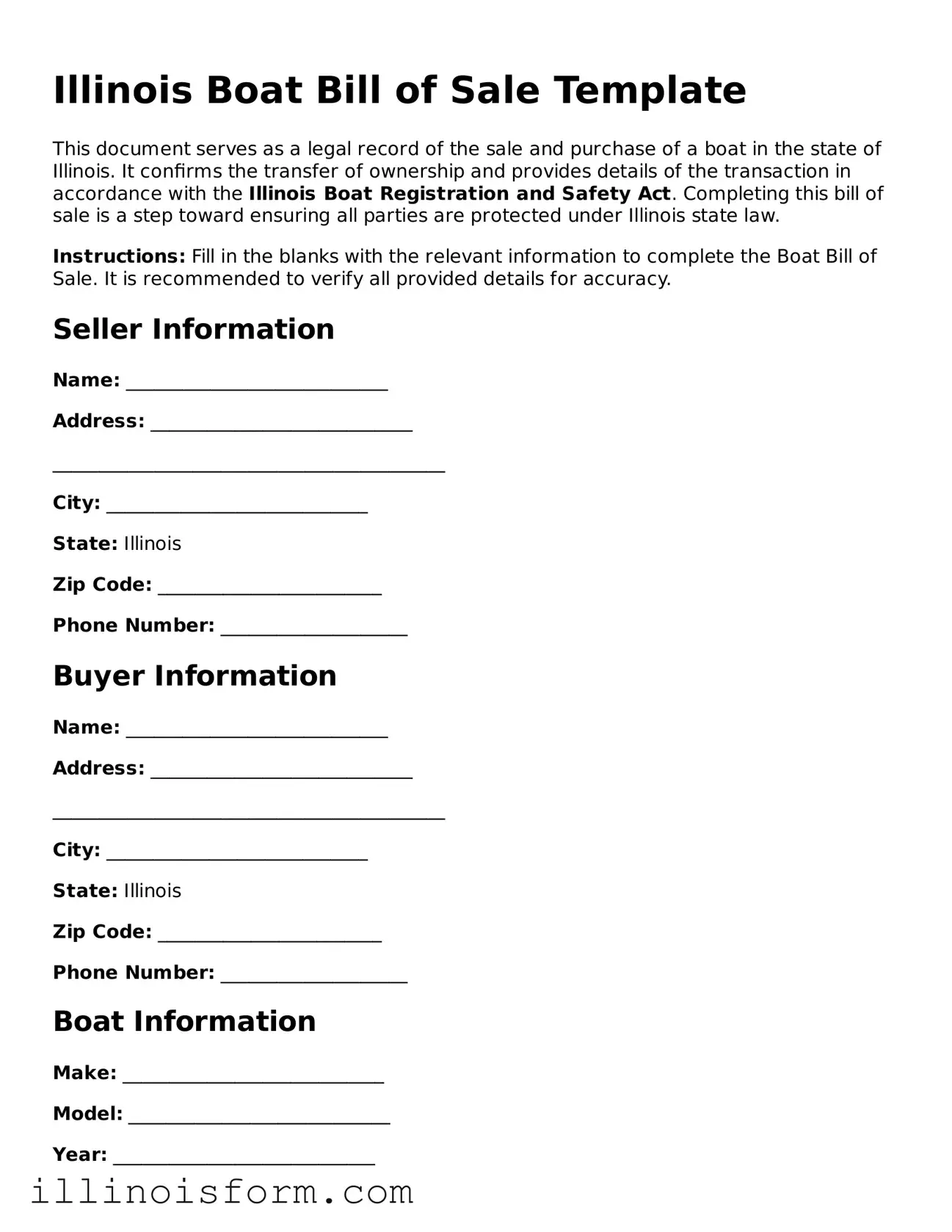 Fillable Illinois Boat Bill of Sale Template