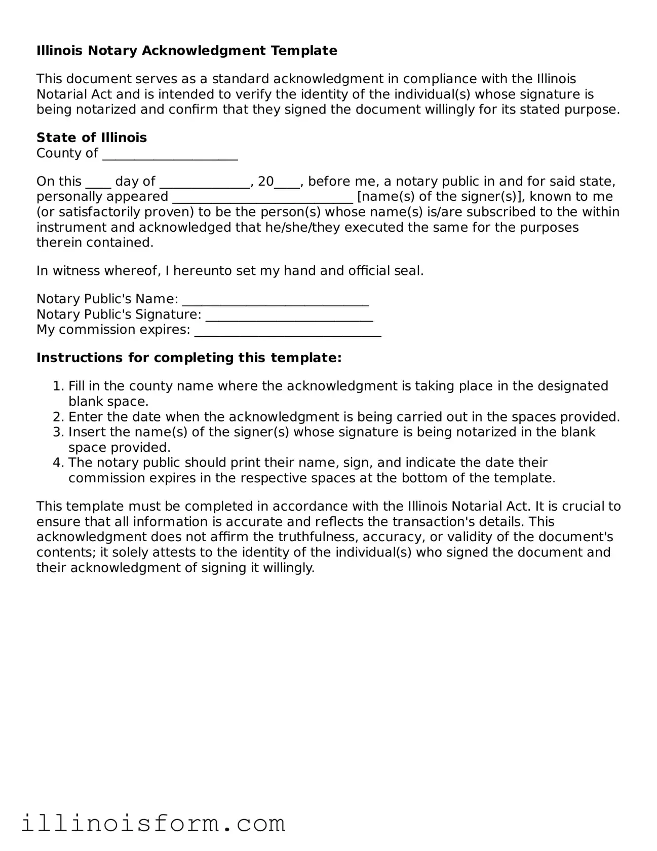 Fillable Illinois Notary Acknowledgement Template