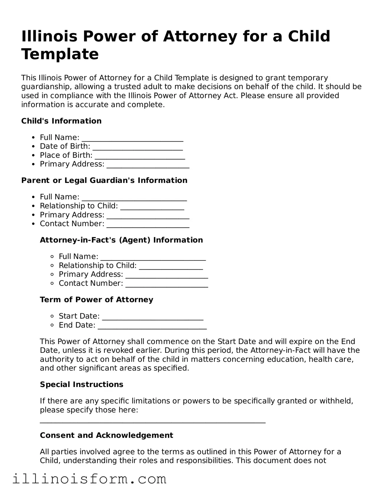 Fillable Illinois Power of Attorney for a Child Template