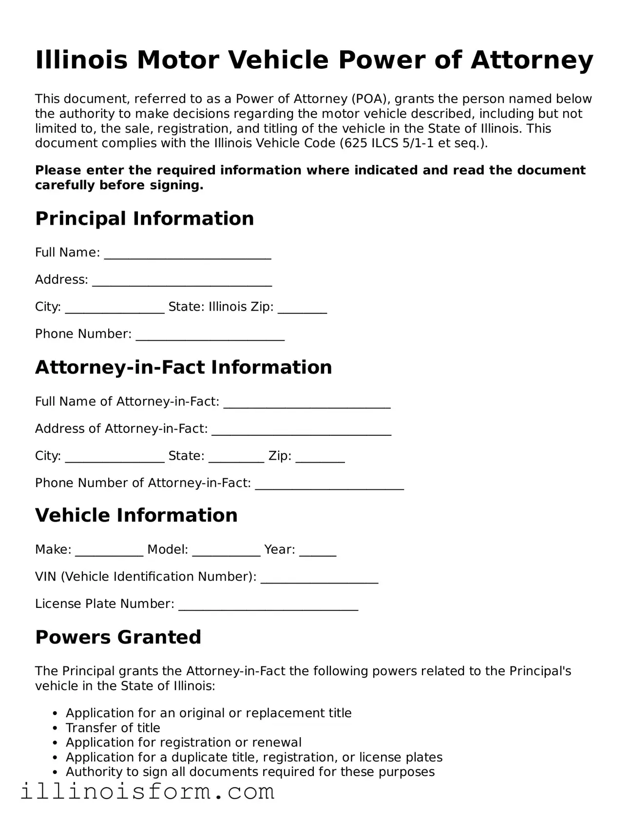 Fillable Illinois Motor Vehicle Power of Attorney Template