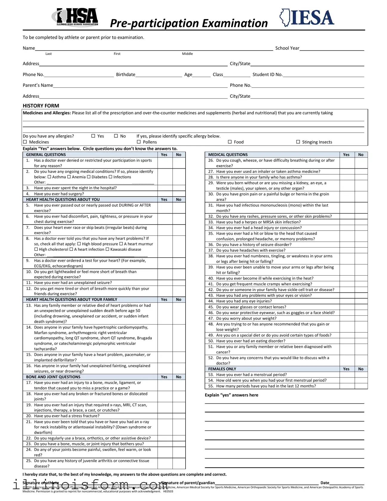 Fill a Valid Illinois Pre Participation Physical Template