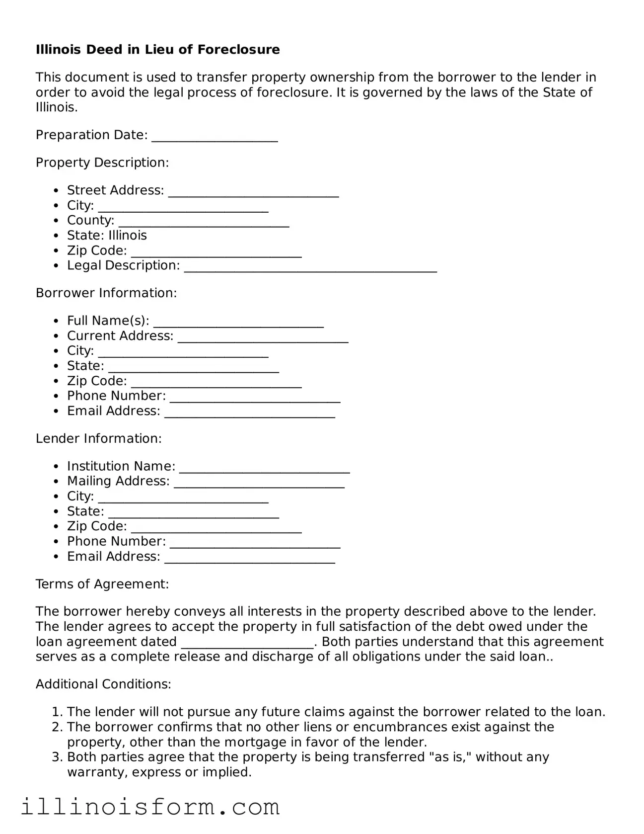 Fillable Illinois Deed in Lieu of Foreclosure Template