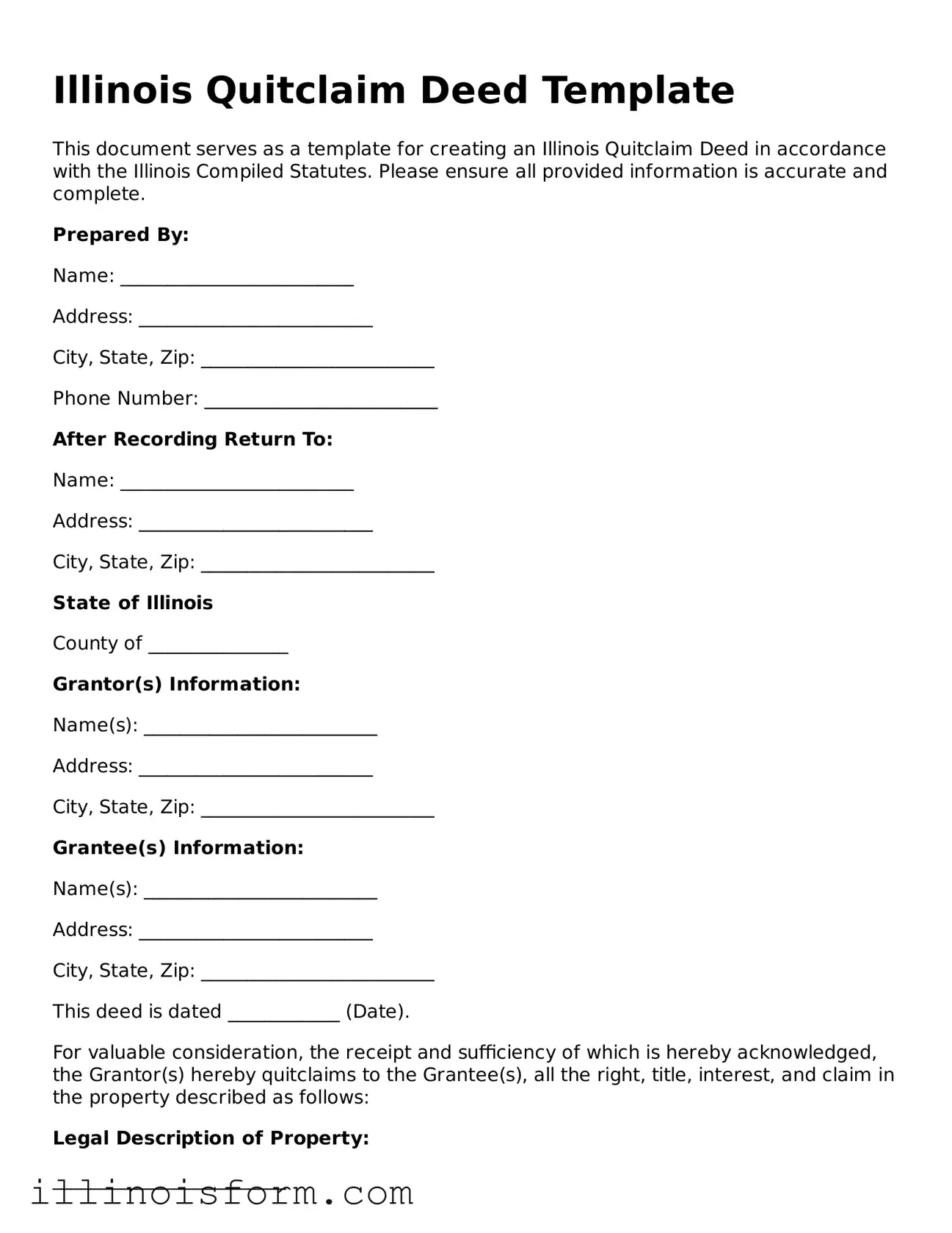 Fillable Illinois Quitclaim Deed Template