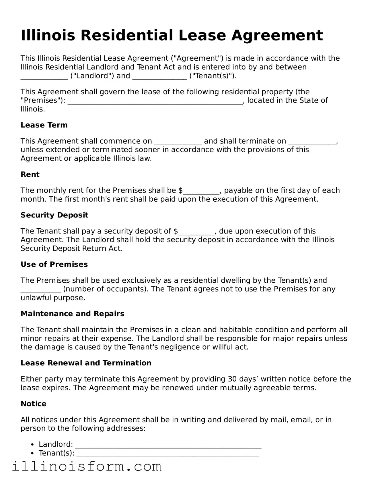 Fillable Illinois Lease Agreement Template