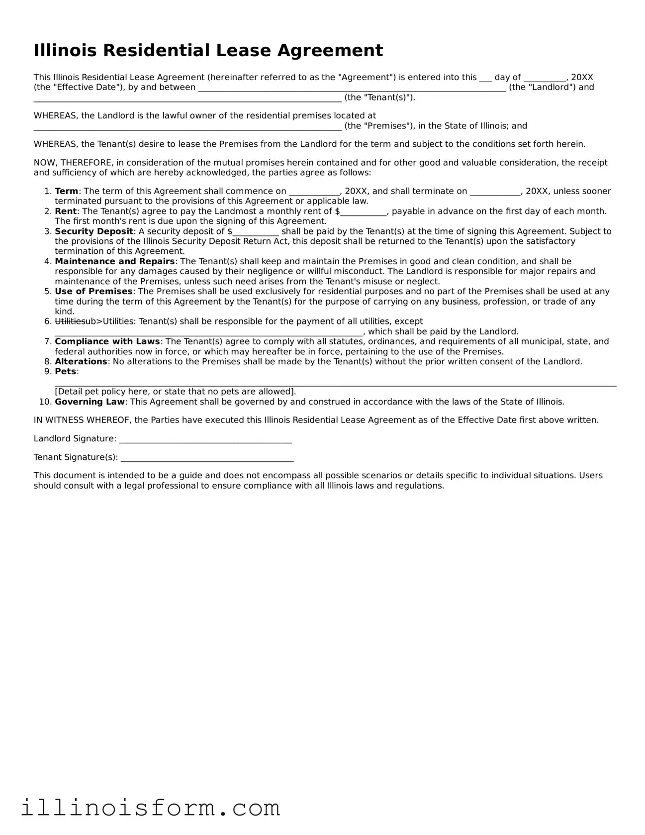 Fillable Illinois Residential Lease Agreement Template