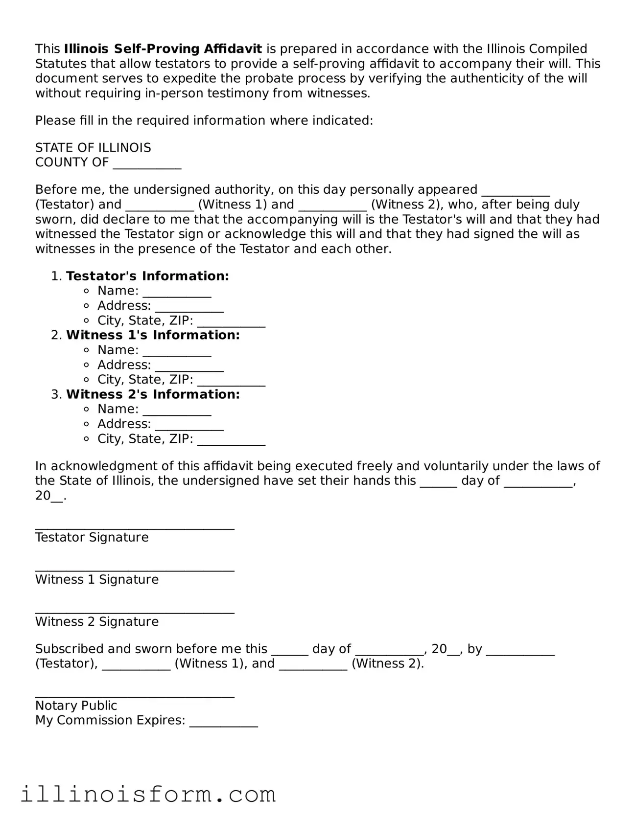 Fillable Illinois Self-Proving Affidavit Template