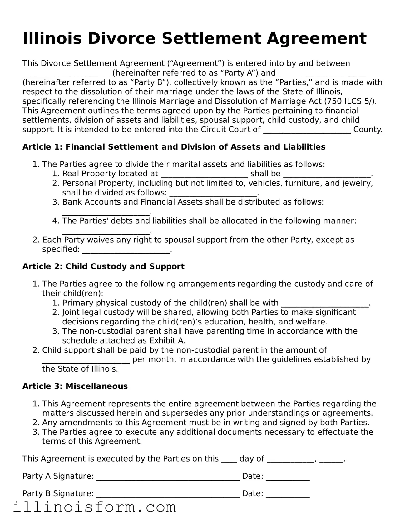 Fillable Illinois Divorce Settlement Agreement Template