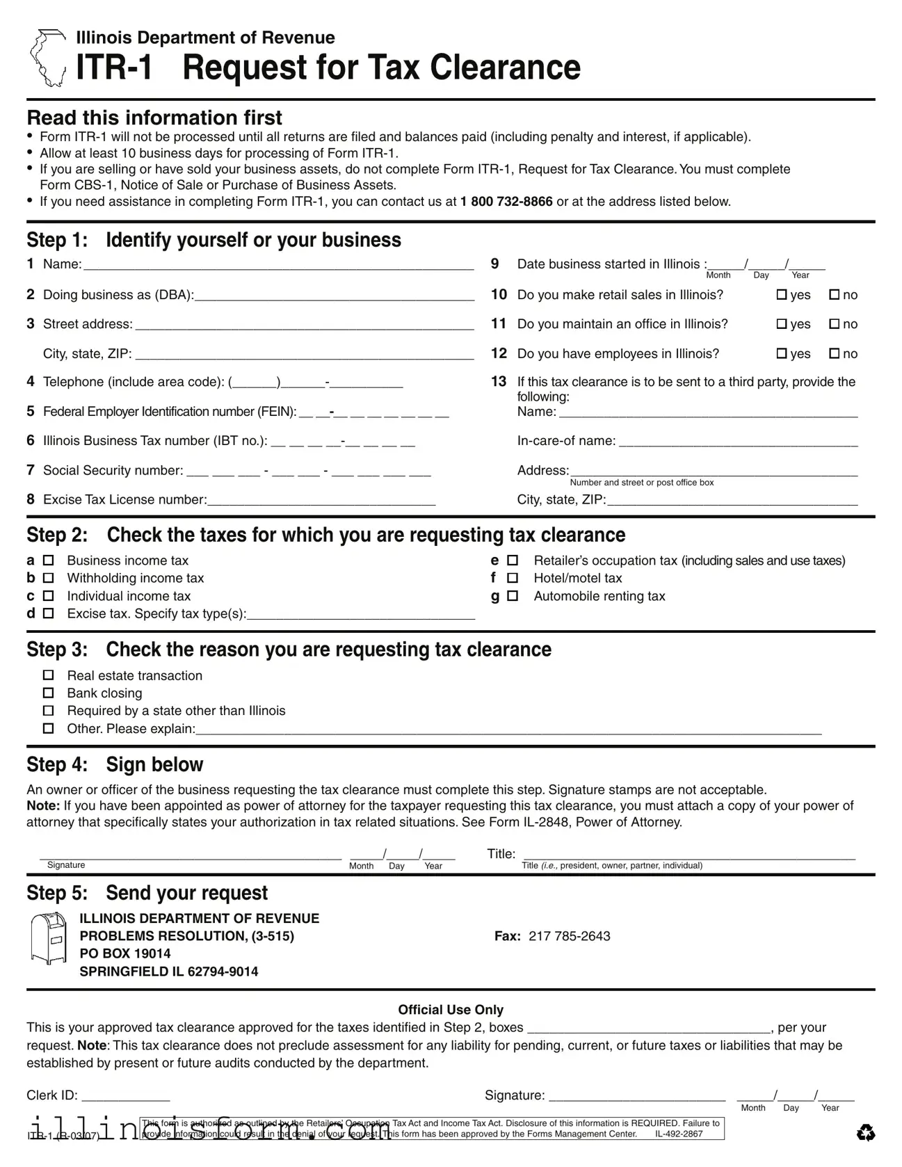 Fill a Valid Itr 1 Illinois Template