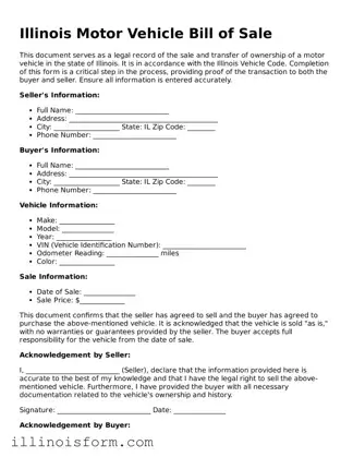 Fillable Illinois Motor Vehicle Bill of Sale Template